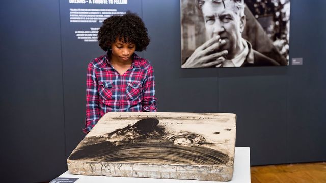 Une visiteuse devant une pierre lithographique, exposée à la Maison du diable.